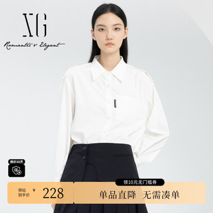 新款 2024春季 白色休闲上衣女 衬衫 XG雪歌XJ121006A351镂空设计长袖