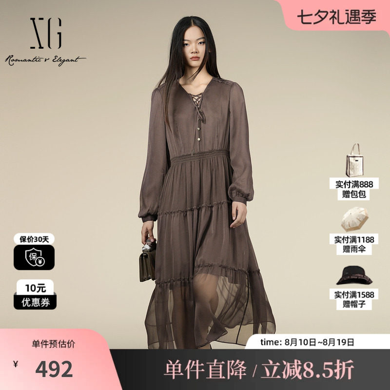 XG/雪歌XK304022A272高腰长袖连衣裙2025秋季新款褶皱中长裙女装