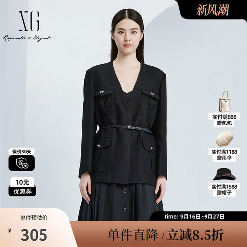 XG/雪歌XJ307018A590翻袋长袖西装时尚秋季新款黑色通勤V领外套女