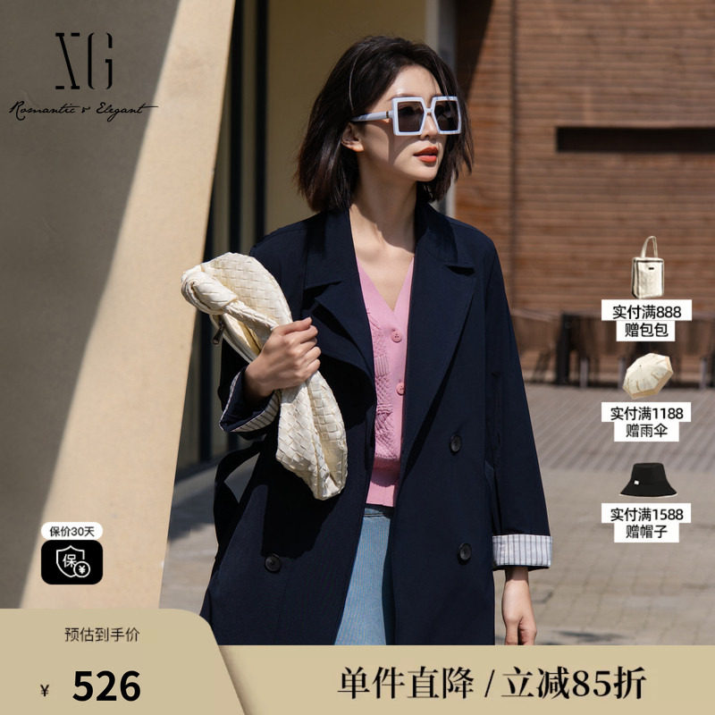 XG雪歌XK108014A328藏青色中长款风衣2025春季新款翻领长袖外套女