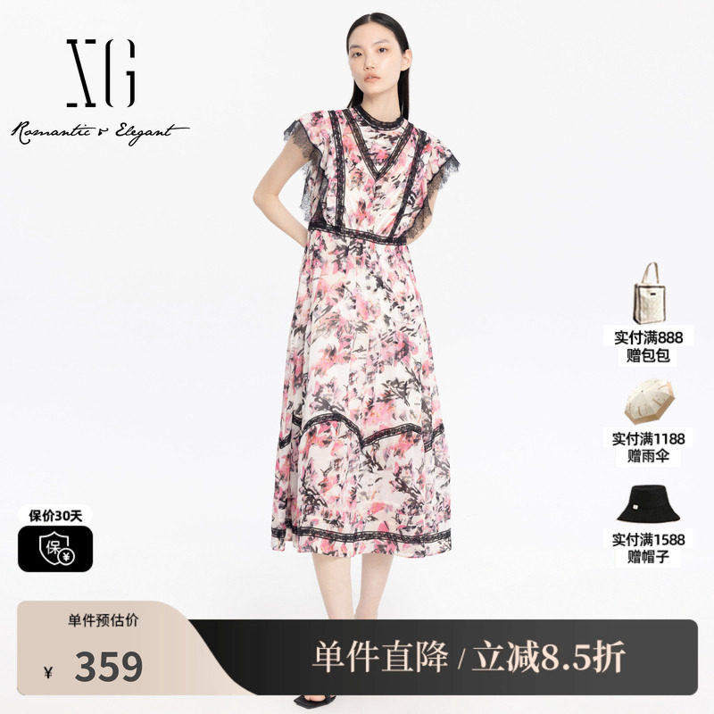 XG/雪歌XJ204011B893碎花短袖连衣裙时尚夏季新款蕾丝拼接长裙女