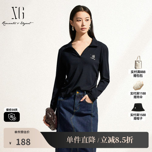 XG/雪歌XK101010A390印花黑色长袖T恤2025春季新款套头V领上衣女