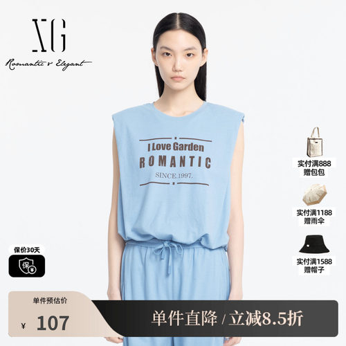 XG/雪歌XJ201018A522湖蓝字母印花T恤时尚夏季新款宽松无袖上衣女