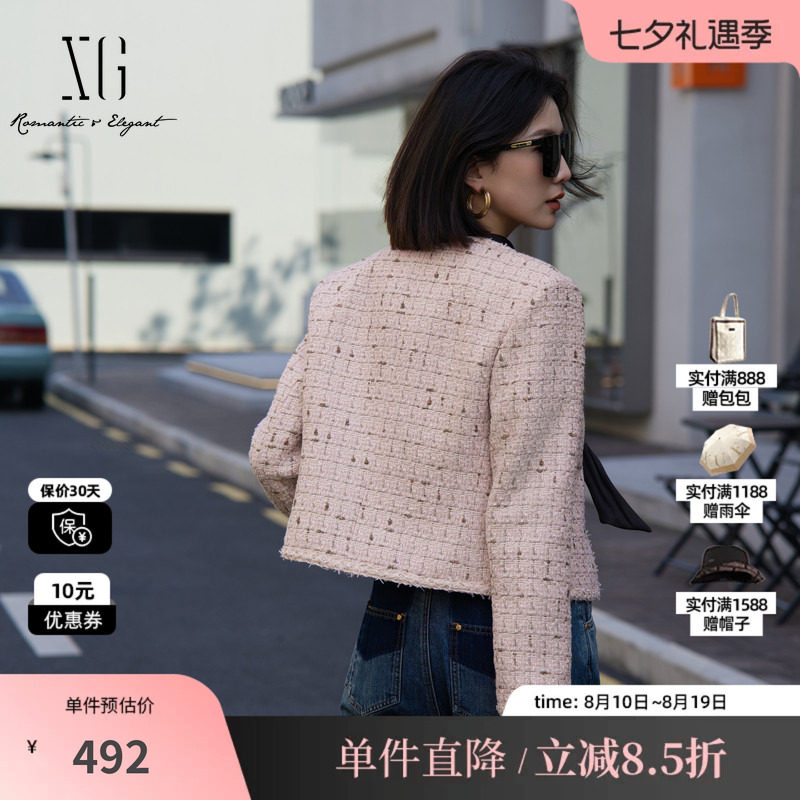 XG雪歌XK307005A316长袖小香风短外套2025秋季新款复古格纹外套女