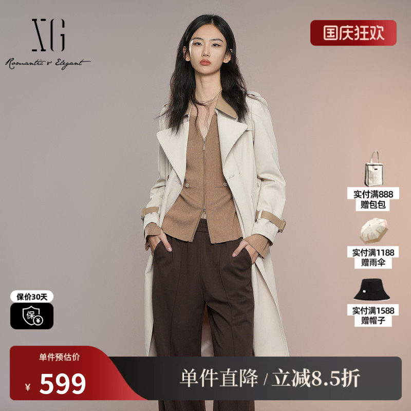 XG雪歌XK308004A460浅米色中长款风衣2025秋季新款长袖翻领外套女