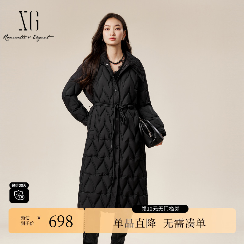 XG/雪歌XK406501A890黑色鸭绒羽绒服时尚冬季新款长款保暖外套女