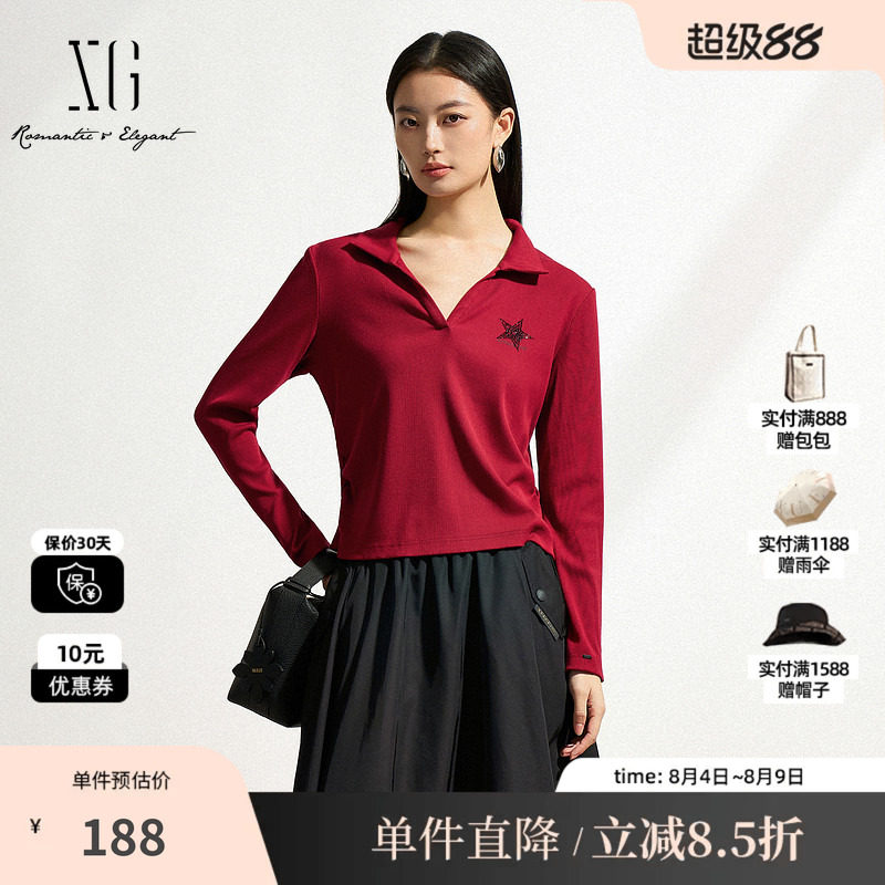 XG雪歌XK101017A113红色长袖T恤2025春季新款V领淑女风套头上衣女