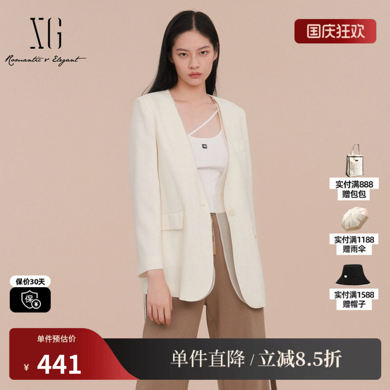XG/雪歌XK107025A591纯醋纤V领西装网纱拼接白色职场长袖外套女装