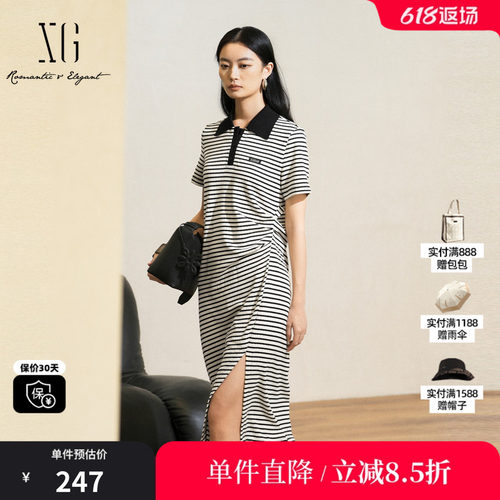 XG/雪歌XL204555B899条纹设计连衣裙2025夏季新款开叉短袖T恤裙女