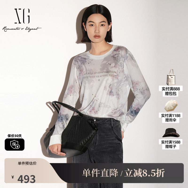 XG/雪歌XL301010B193花版醋纤圆领长袖T恤印花直筒休闲薄上衣女装