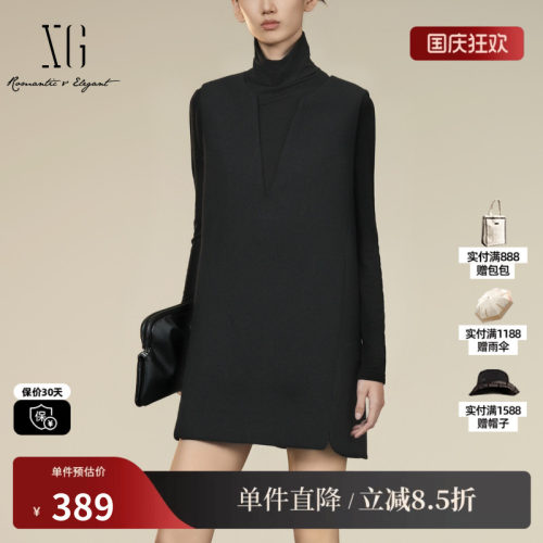 XG/雪歌XK404403A590 中长黑长袖连衣裙厚款无袖羊毛混纺直筒裙女
