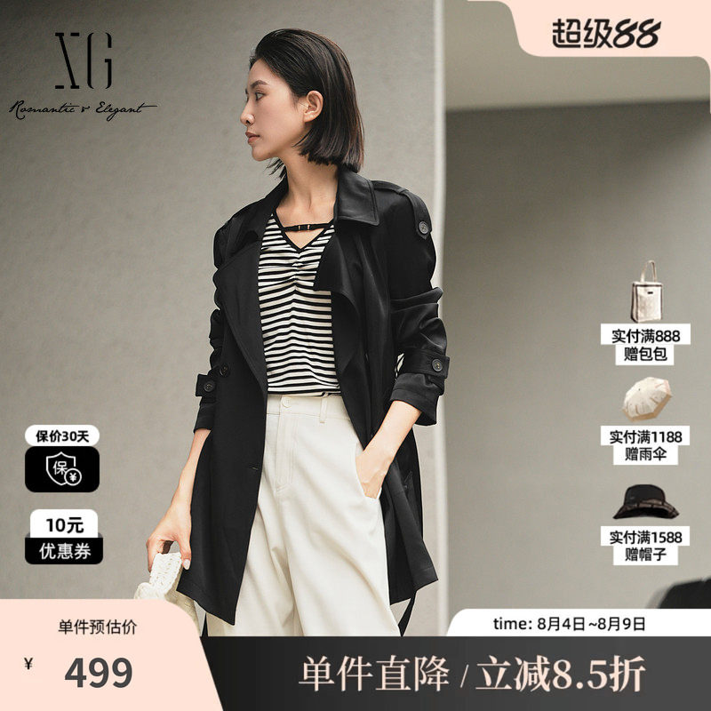 XG/雪歌XK308012A290黑色休闲风衣2025秋季新款中长款长袖外套女