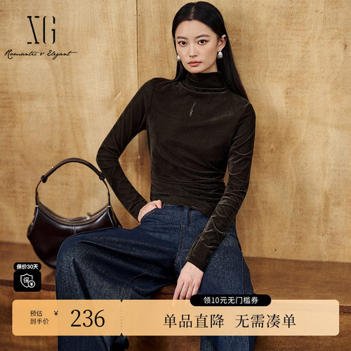 XG/雪歌XK401011A172深咖色长袖T恤2025冬季新款绒光高领上衣女装