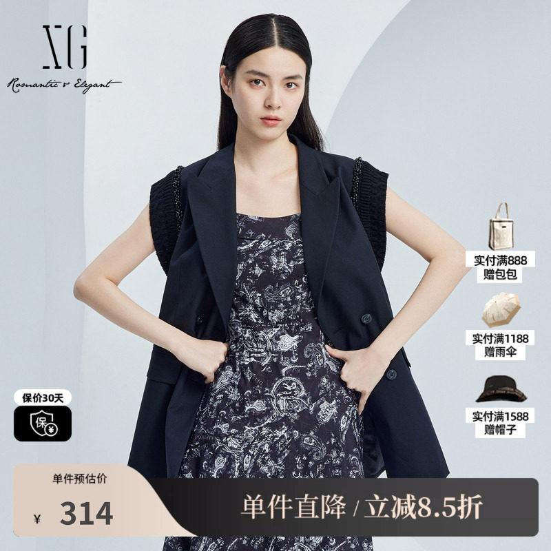 XG雪歌XJ324003A290黑色通勤马夹2025秋季新款长款西装马甲外套女