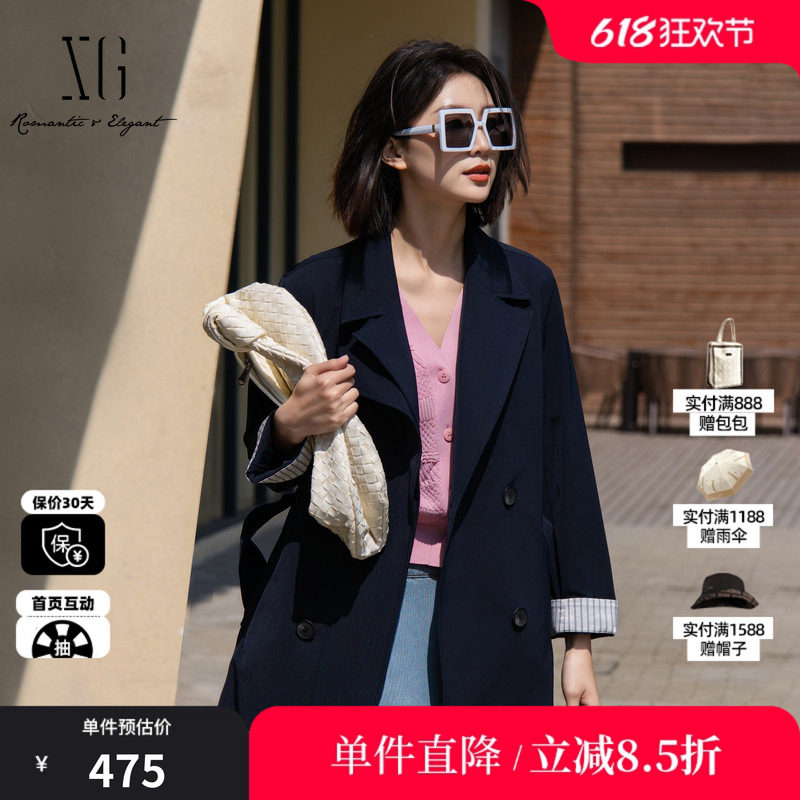 XG雪歌XK108014A328藏青色中长款风衣2025春季新款翻领长袖外套女