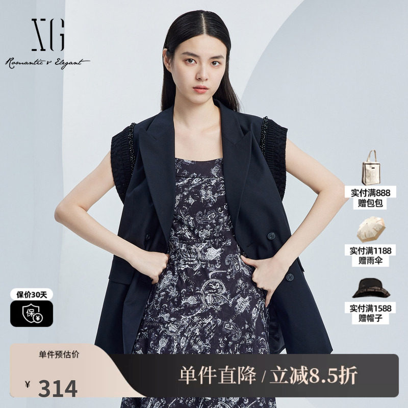 XG雪歌XJ324003A290黑色通勤马夹2025秋季新款长款西装马甲外套女