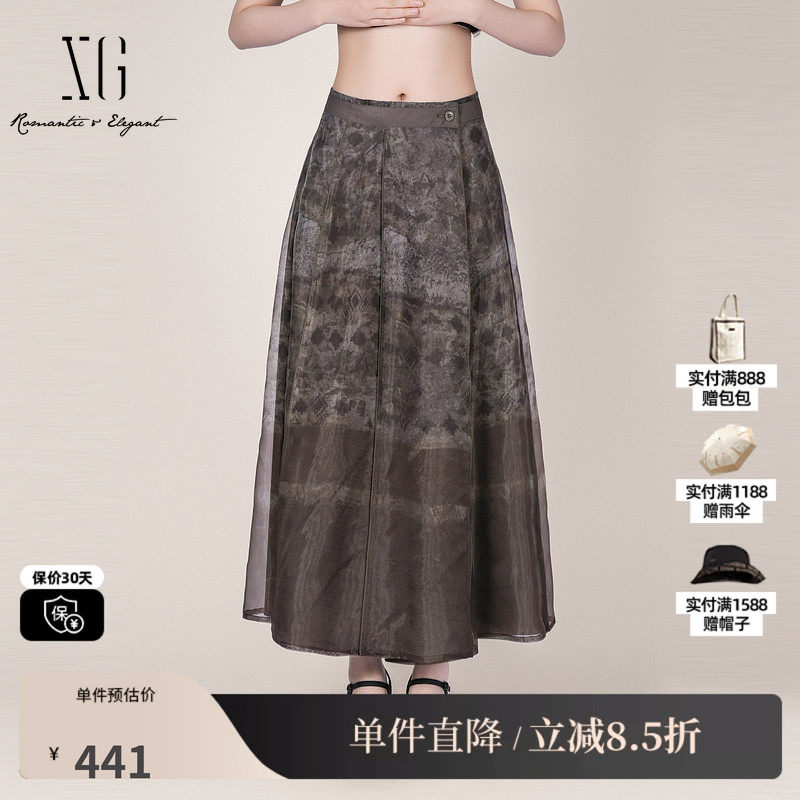 XG/雪歌XL103016B293欧根纱A伞裙中长花版高腰显瘦双层半身裙女装