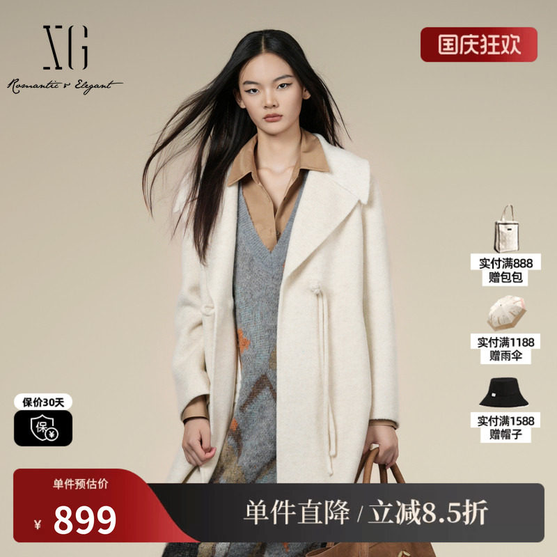 XG/雪歌XK410005A391 米白翻领厚款大衣中长款羊毛混纺长袖外套女