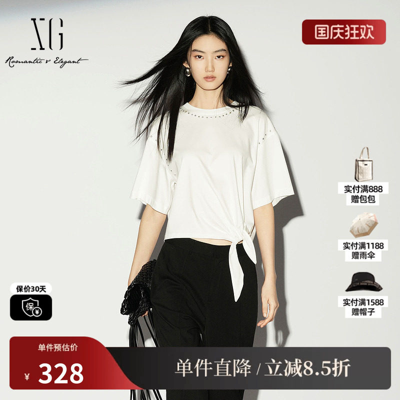 XG/雪歌XL201018A251白色棉感短袖T恤薄款圆领绑带钉珠短上衣女装