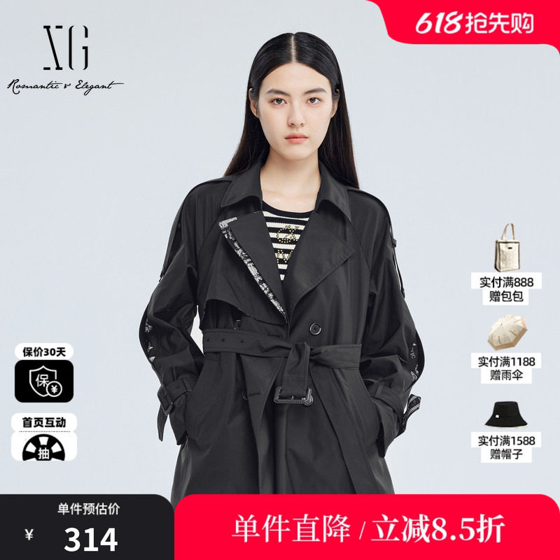 XG雪歌XJ308001A290黑色双排扣风衣时尚秋季新款收腰中长款外套女