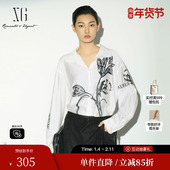 黑白色宽松直筒打底职场女 衬衫 雪歌XL121009A391 翻领印花长袖