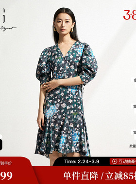 XG/雪歌XK204511A806花版纯棉泡泡袖连衣裙V领鱼尾收腰显瘦套头裙