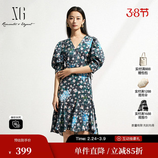 XG/雪歌XK204511A806花版纯棉泡泡袖连衣裙V领鱼尾收腰显瘦套头裙