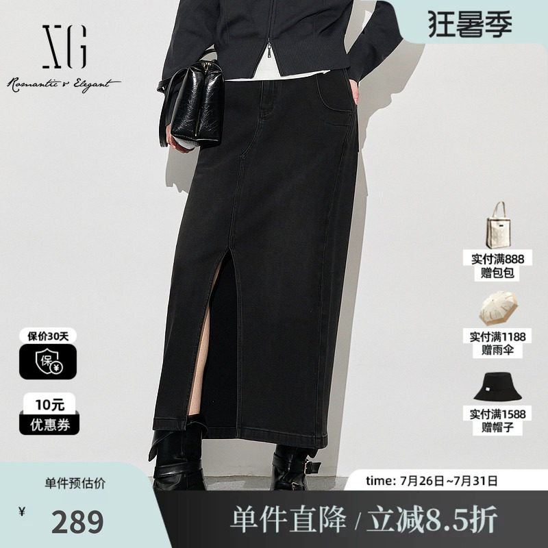 XG/雪歌XK303001A190开叉牛仔半身裙2025秋季新款黑色高腰长裙女