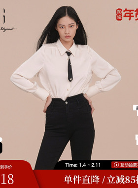 XG雪歌XK121001A151领带装饰长袖衬衫2025春季新款白色翻领上衣女