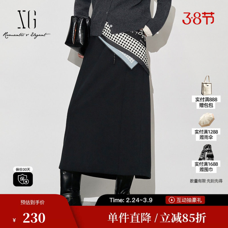XG/雪歌XL403616A890系带收腰半身裙2025冬季新款黑色中长A字裙女