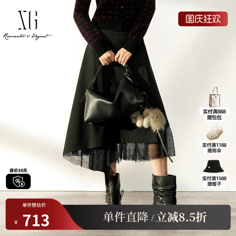 XG/雪歌 XL403010A290黑色斜边不规则网纱半身裙通勤休闲中裙女装