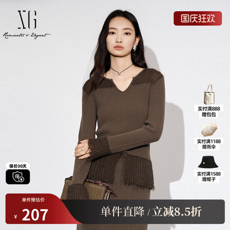 XG雪歌XL311803A844长袖毛针织衫2025秋季新款纯棉羊毛拼接毛衫女
