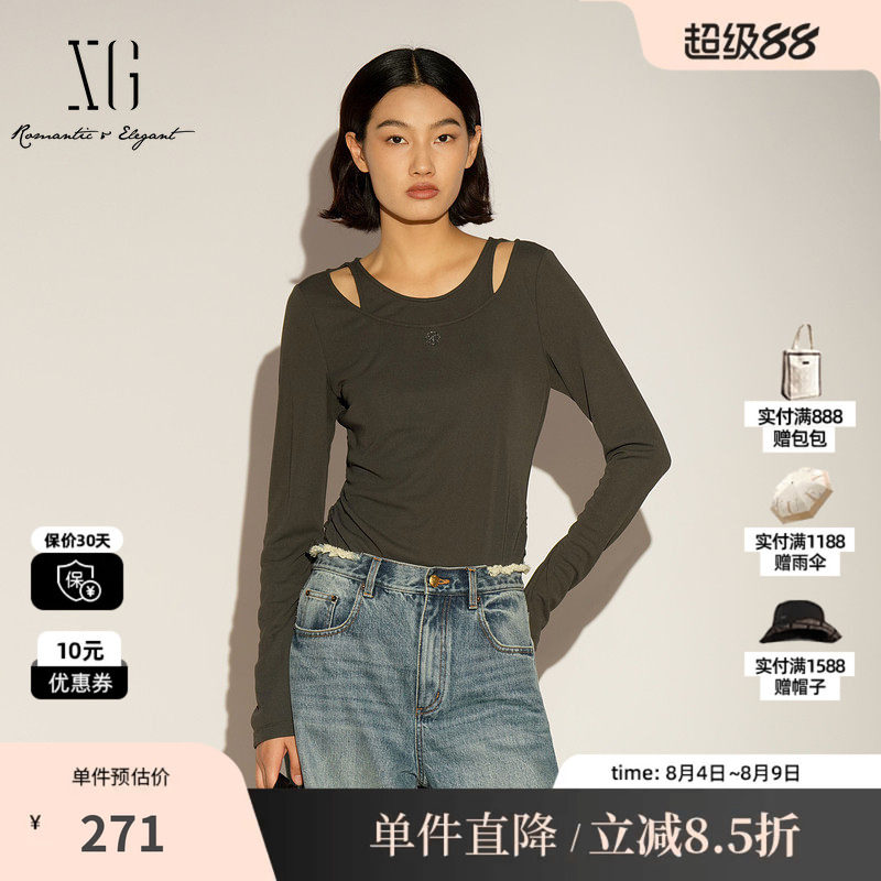 XG/雪歌XL101011A484灰色假两件长袖T恤圆领镂空修身直筒打底女装
