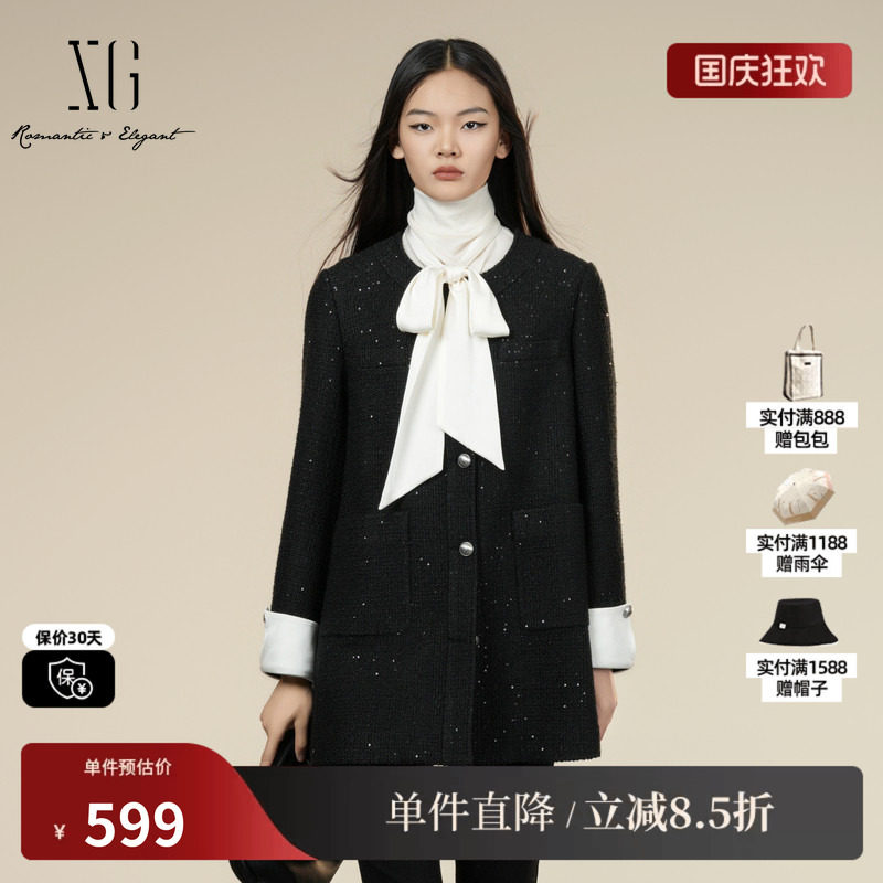 XG/雪歌XK407016A790 黑拼接翻边设计毛呢外套中长款圆领大衣女装