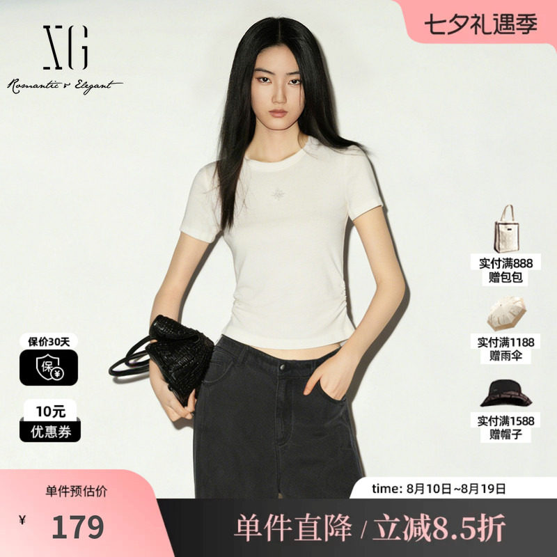 XG/雪歌XM201518A891白色莱赛尔短袖圆领T恤修身短款薄款通勤女装