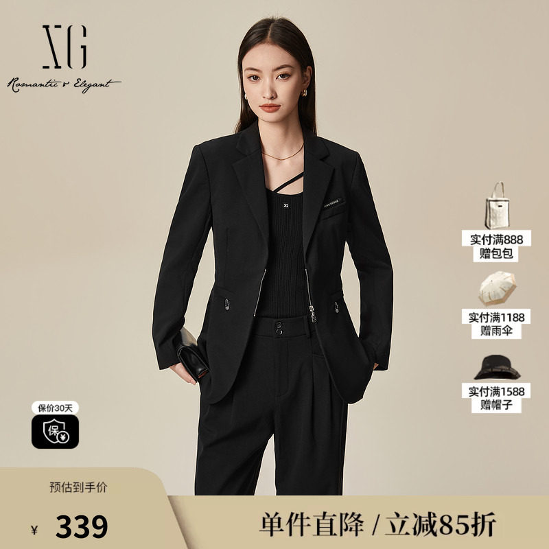 XG/雪歌XL107030A390黑色休闲西装2025秋季新款绵羊毛长袖外套女