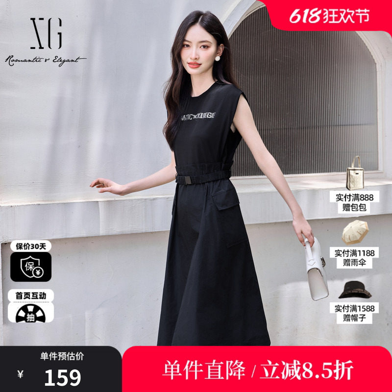 XG/雪歌XK204587A890黑色无袖连衣裙时尚夏季新款假两件休闲裙女