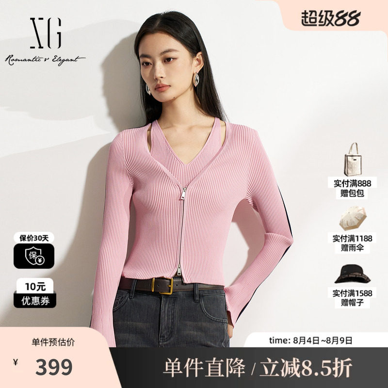 XG/雪歌XK111503A816 黑粉色假两件针织衫修身显瘦套头长袖毛衣女
