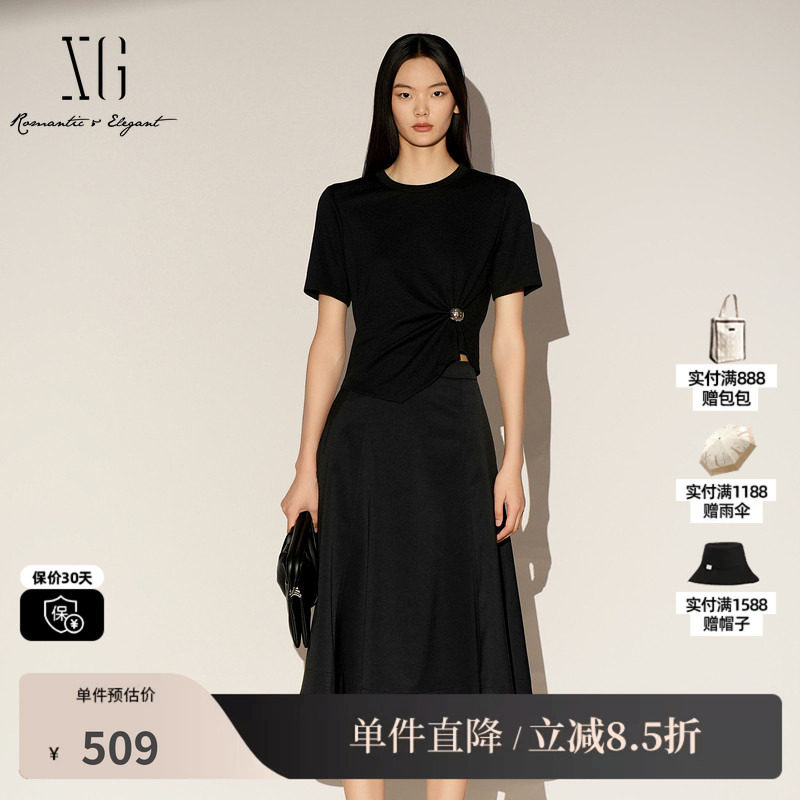 XG/雪歌XL104018A590黑色圆领T恤拼接连衣裙短袖显瘦中长伞裙女装