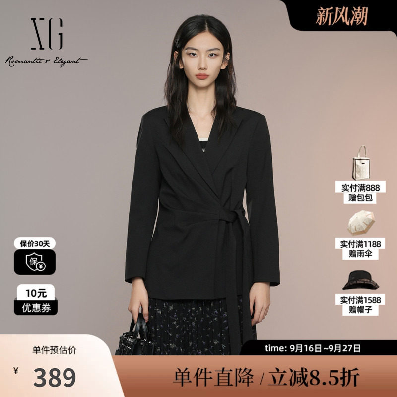 XG雪歌XK307022A490黑色褶皱休闲西装2025秋季新款系带长袖外套女