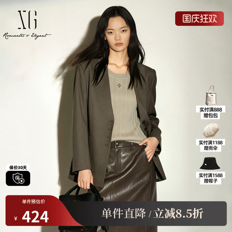 XG/雪歌XK307717A809咖色羊毛混纺V领长袖西装外套直筒通勤简约女
