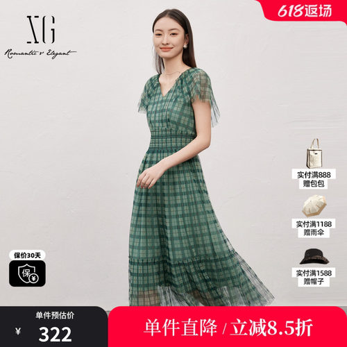 XG/雪歌XJ204059B695格纹网纱连衣裙时尚夏季新款高腰短袖长裙女