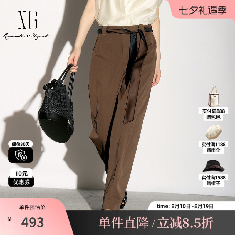 XG/雪歌XL202007A272 深咖色直筒休闲裤配飘带阔腿通勤西装长裤女