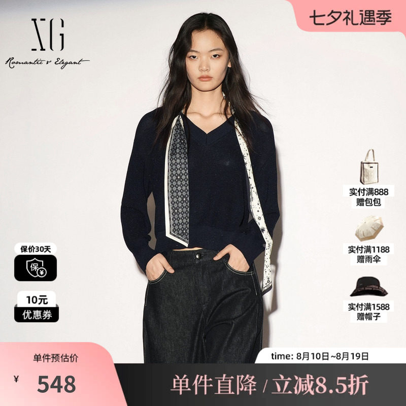 XG/雪歌XL311038A228藏青色配飘带V领长袖针织衫休闲简约毛衣女装