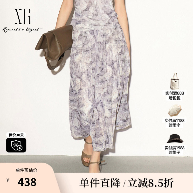 XG/雪歌XL203025BE96民俗花版A字半身裙松紧中腰薄款长款伞裙女装