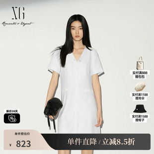 XG/雪歌XL204024A251白色V领飘带短袖连衣裙收腰简约直筒中裙女装