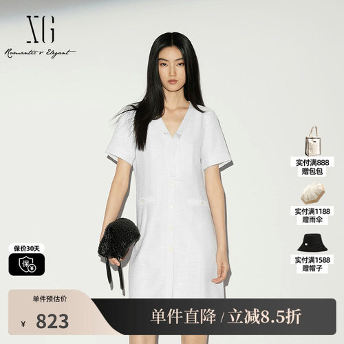 XG/雪歌XL204024A251白色V领飘带短袖连衣裙收腰简约直筒中裙女装
