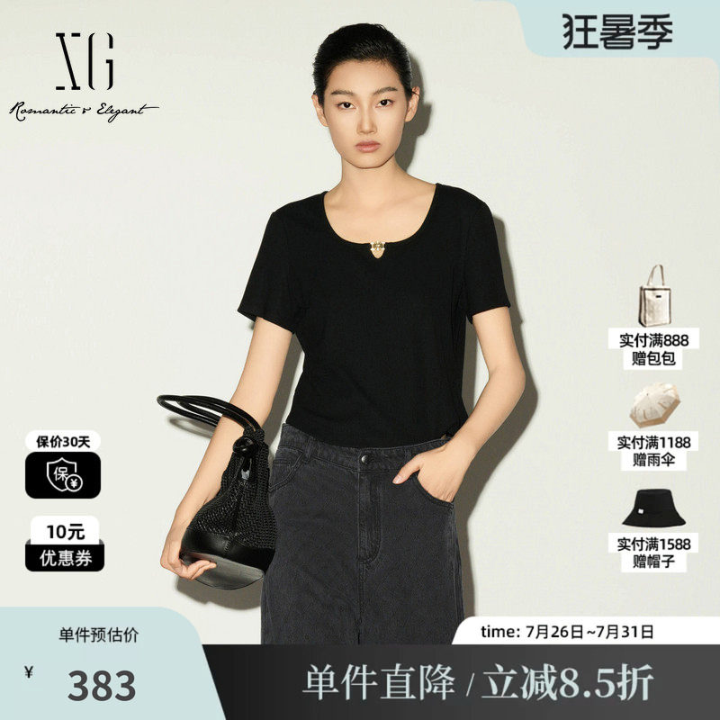 XG/雪歌XL201007A590黑色圆领镂空短袖T恤修身百搭薄款短上衣女装