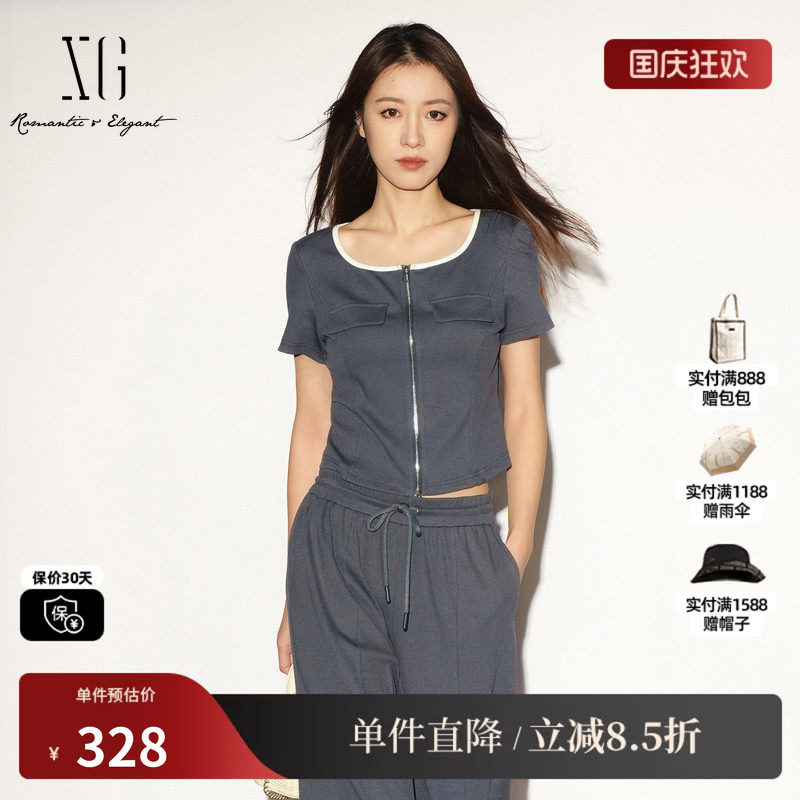 XG/雪歌XL201027B983深灰色方领短袖T恤短款拉链修身薄款开衫女装