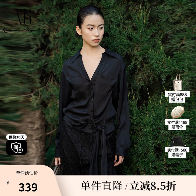 XG/雪歌XL121020A490醋纤翻领绑带衬衫黑色V领长袖收腰短上衣女装